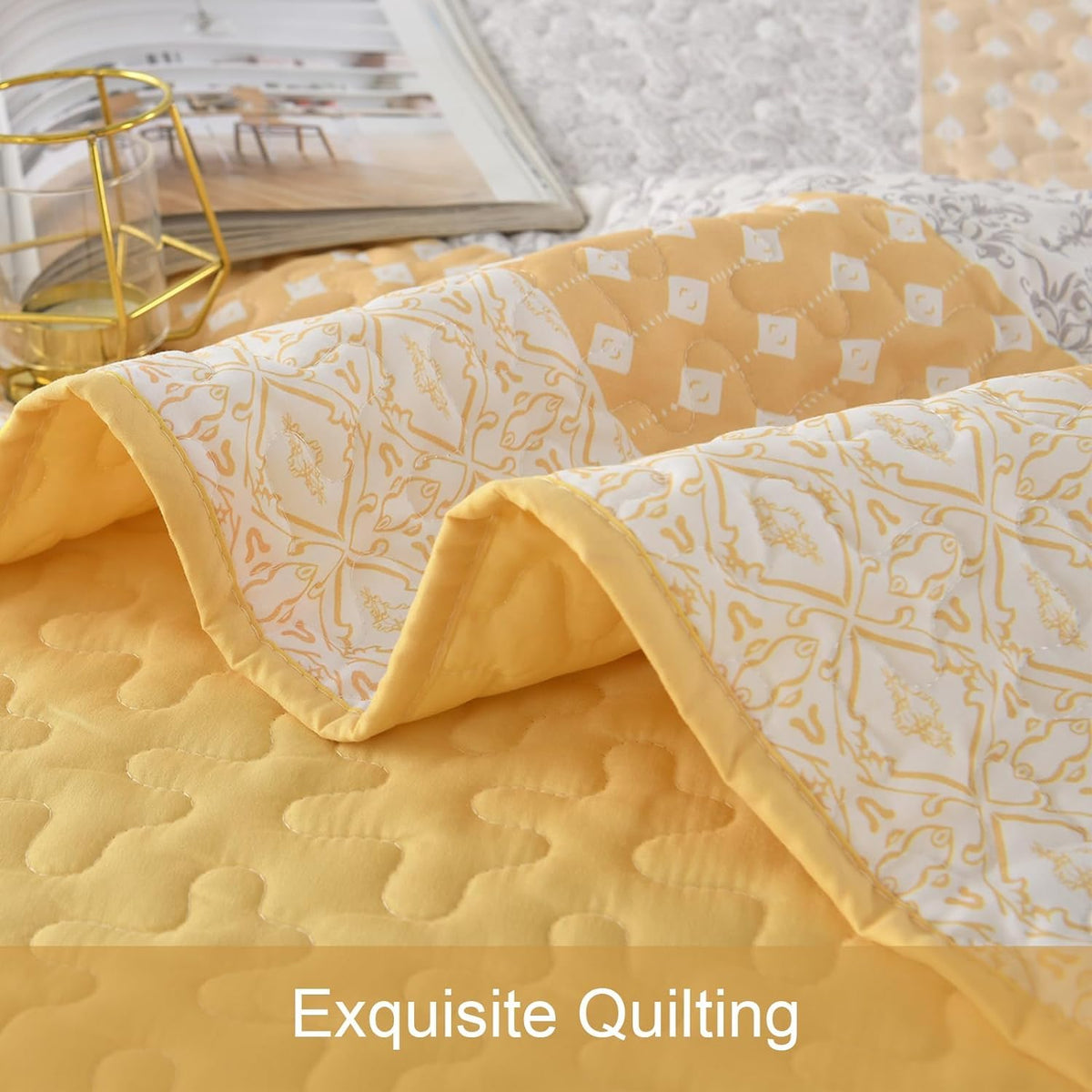 WONGS BEDDING Yellow Bohemian Stripe Quilt Set 3Pce Set QUEEN Size NEW