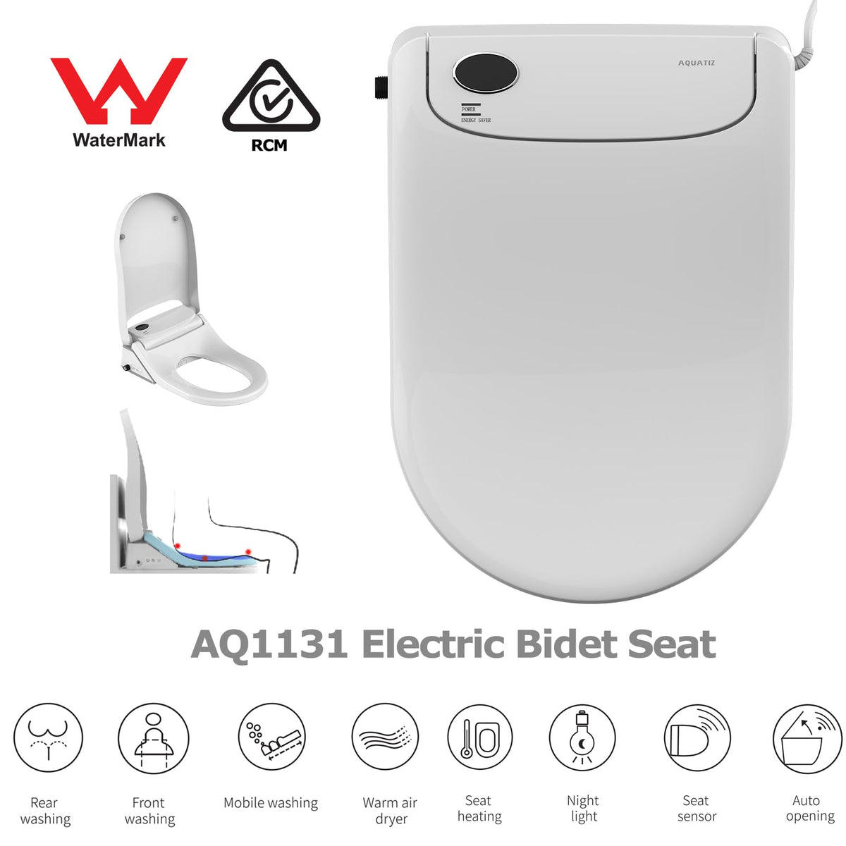 AQUATIZ D-Shaped Electric Bidet Toilet Seat White Auto Open Close NEW