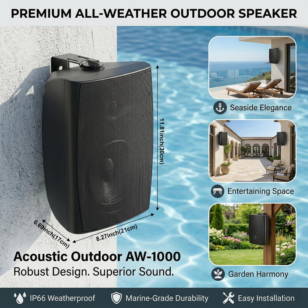 Herdio 6.5" Outdoor Bluetooth Speakers Waterproof Black NEW