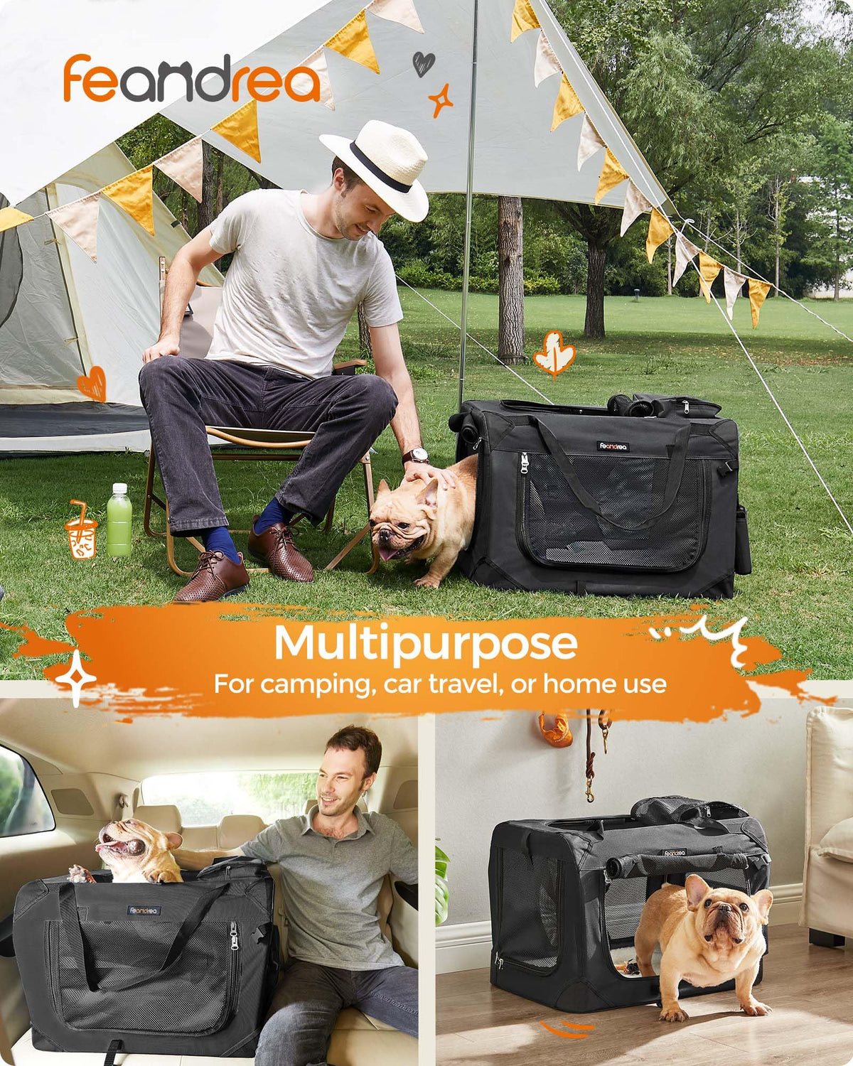 Feandrea Collapsible Soft-Sided Carriers Soft Dog Crate Portable Pet Grey NEW