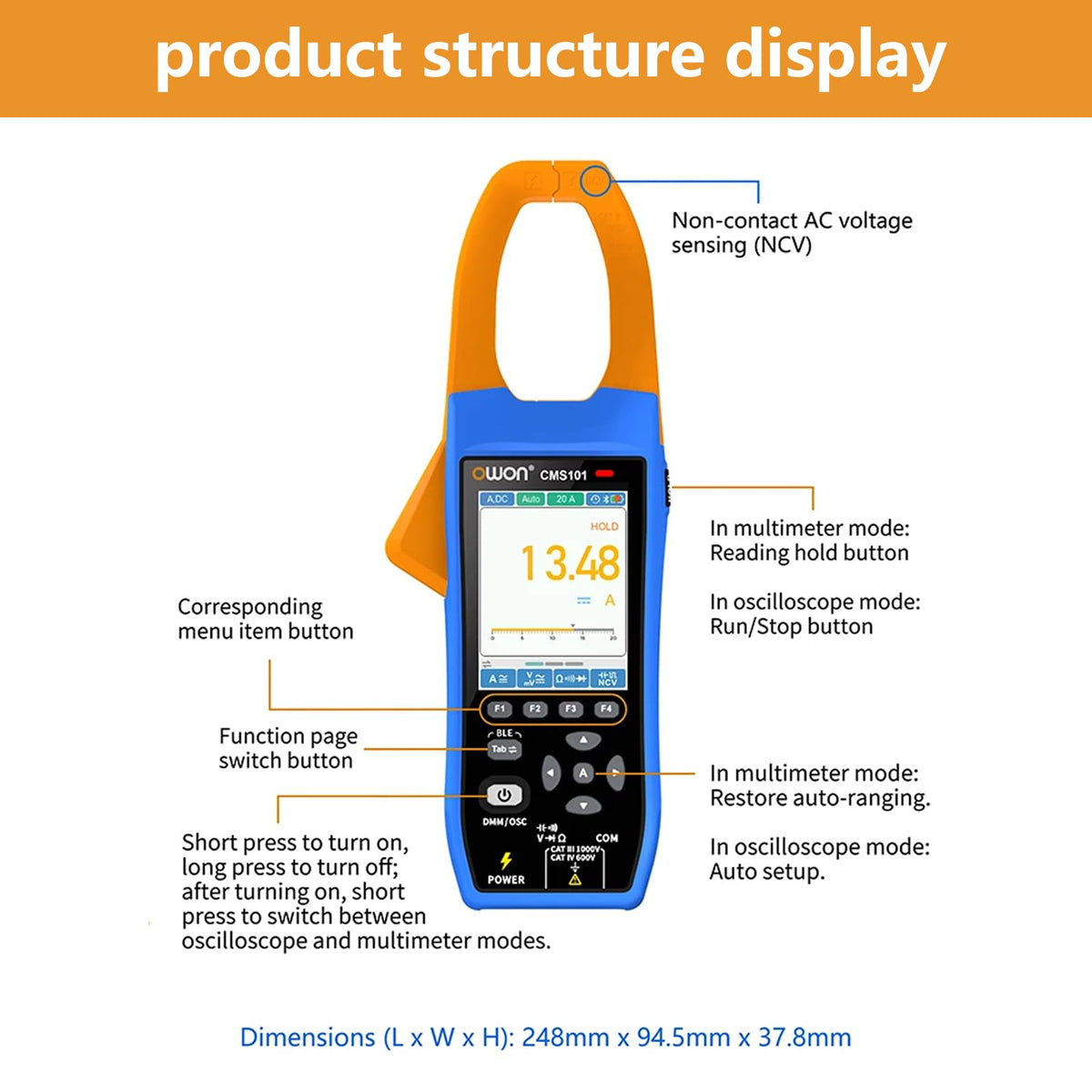 OWON CMS101 Multi Testers 3-in-1 Digital Clamp Meter Oscilloscope Blue Black NEW