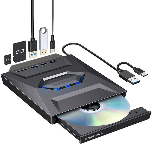 ROOFULL External CD DVD Drive USB 3.0 Type-C Hub SD Card Reader Jet Black DEMO
