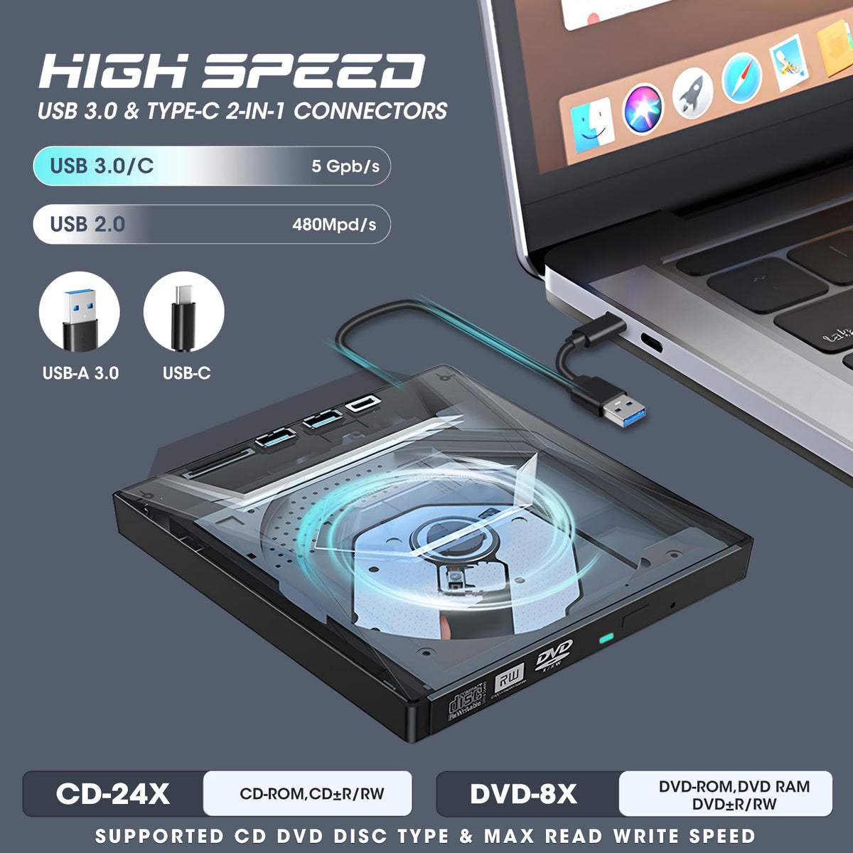 ROOFULL External CD DVD Drive USB 3.0 Type-C Hub SD Card Reader Jet Black DEMO