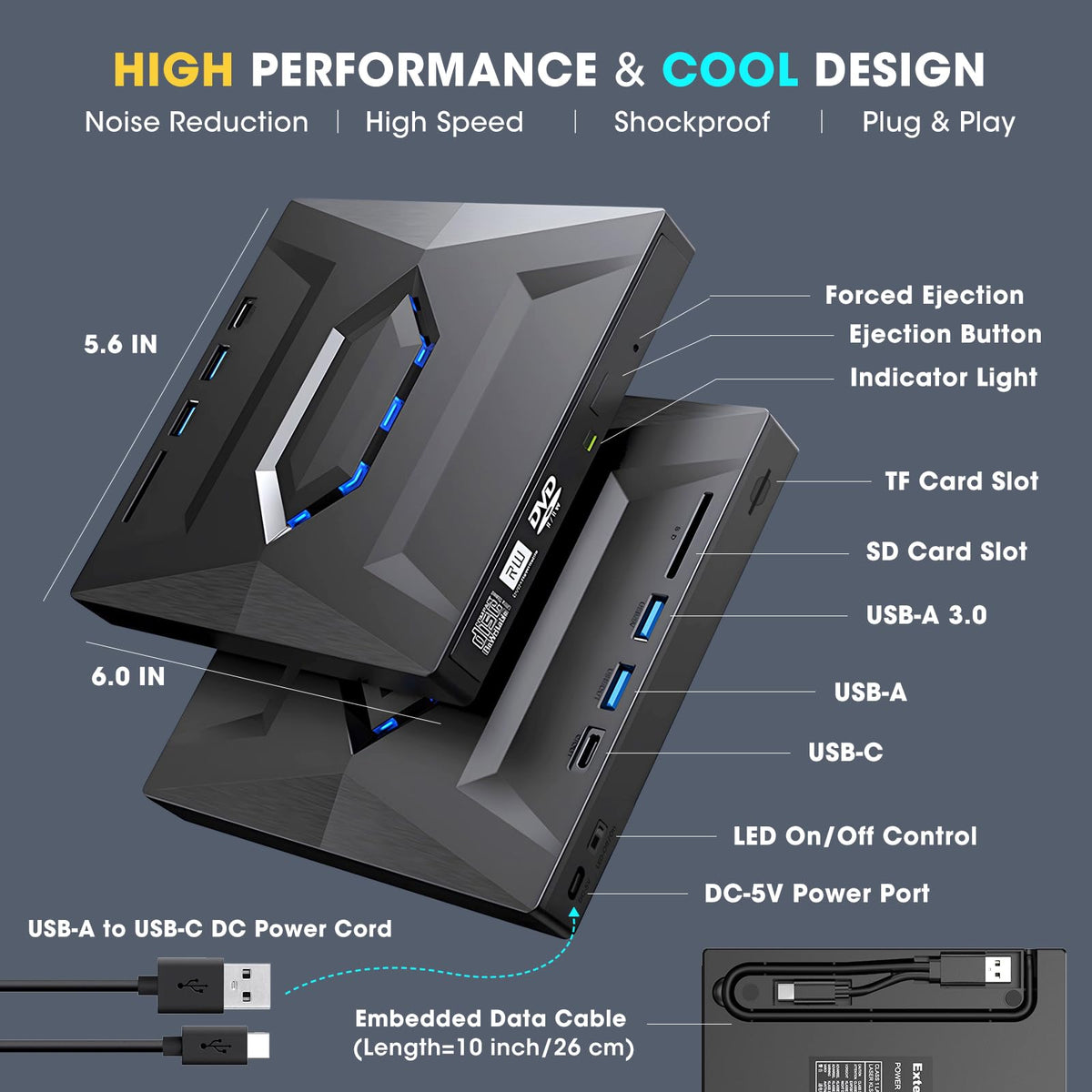 ROOFULL External CD DVD Drive USB 3.0 Type-C Hub SD Card Reader Jet Black DEMO