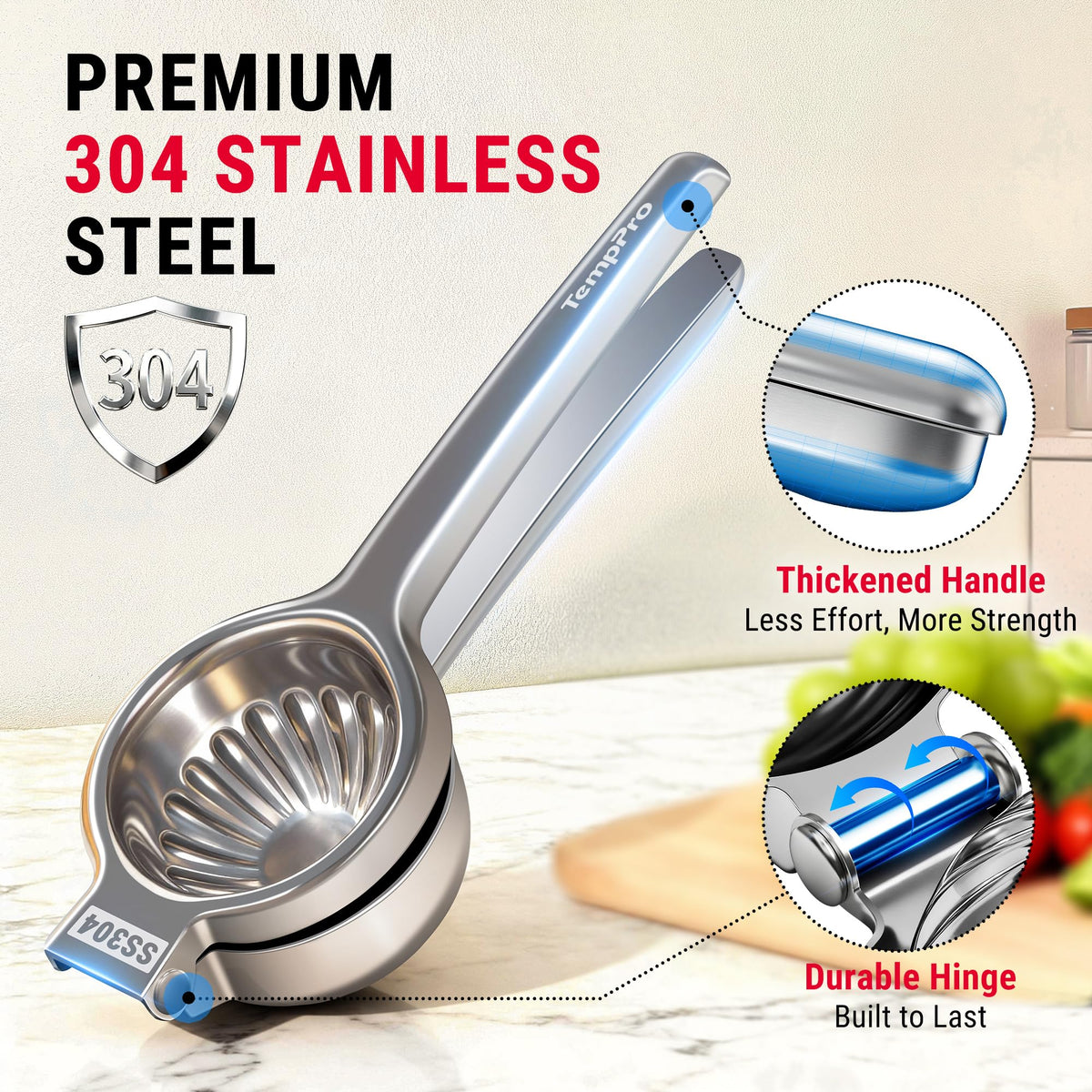 TempPro Stainless Steel Manual Citrus Juicer Hand Press - Silver NEW