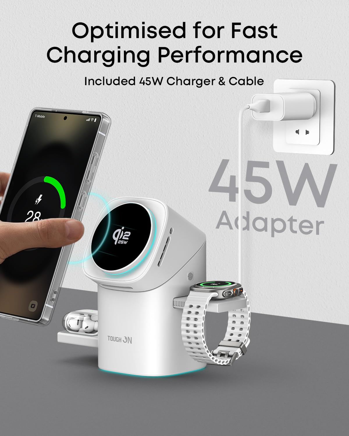 TOUGH ON Induction Chargers Qi2.2 3-in-1 Wireless Charger MagSafe White NEW