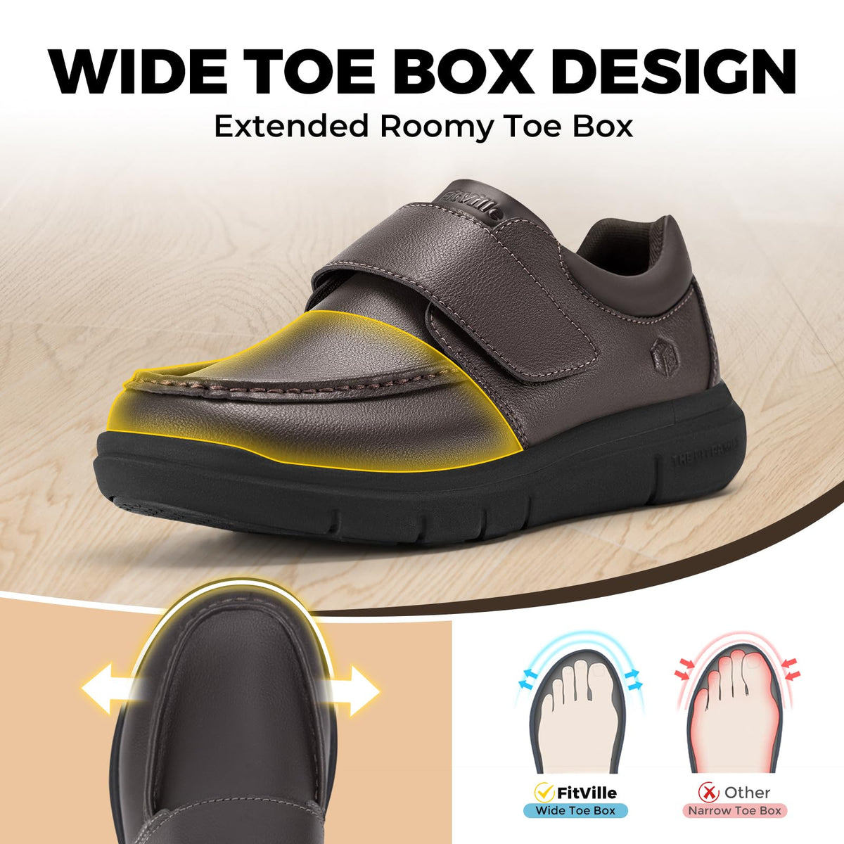 FitVille Foot Care Brown Leather Look Dress Shoes Hook-and-Loop WIDE US 13 NEW