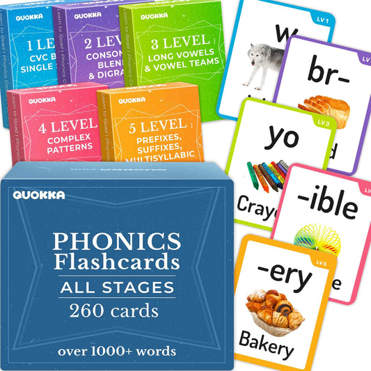 QUOKKA Phonics Flash Cards for Kids Ages 4-8 Educational 5 Decks 260 Cards NEW