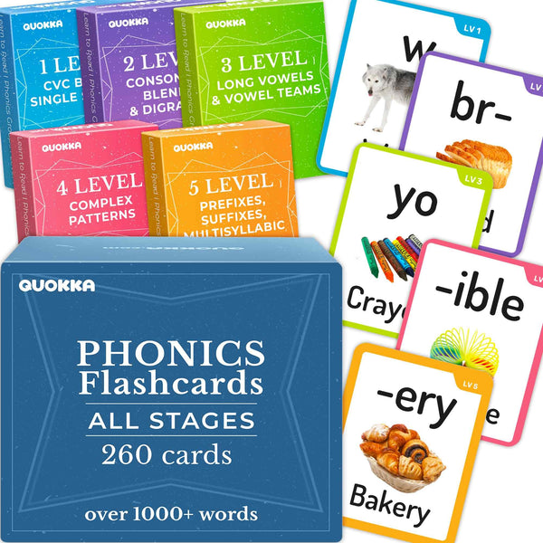 QUOKKA Phonics Flash Cards for Kids Ages 4-8 Educational 5 Decks 260 Cards NEW