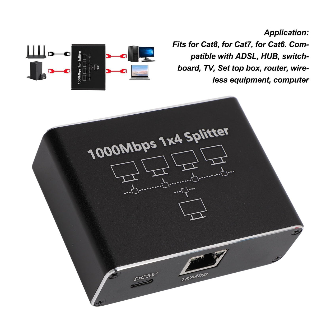 XUMIUZIY Gigabit Ethernet Splitter 1 to 4 LAN USB C Power Black DEMO