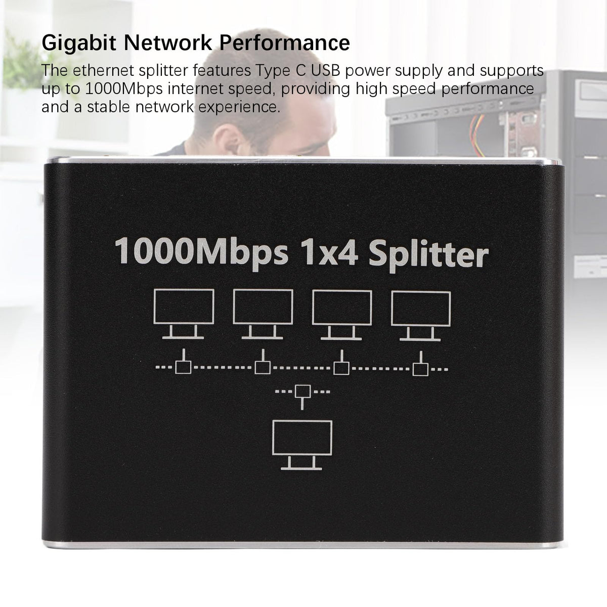 XUMIUZIY Gigabit Ethernet Splitter 1 to 4 LAN USB C Power Black DEMO