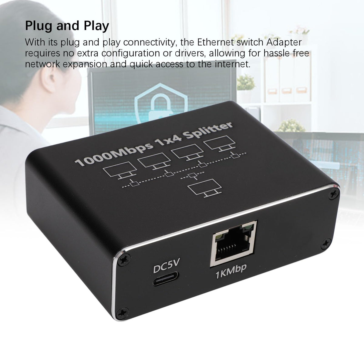 XUMIUZIY Gigabit Ethernet Splitter 1 to 4 LAN USB C Power Black DEMO