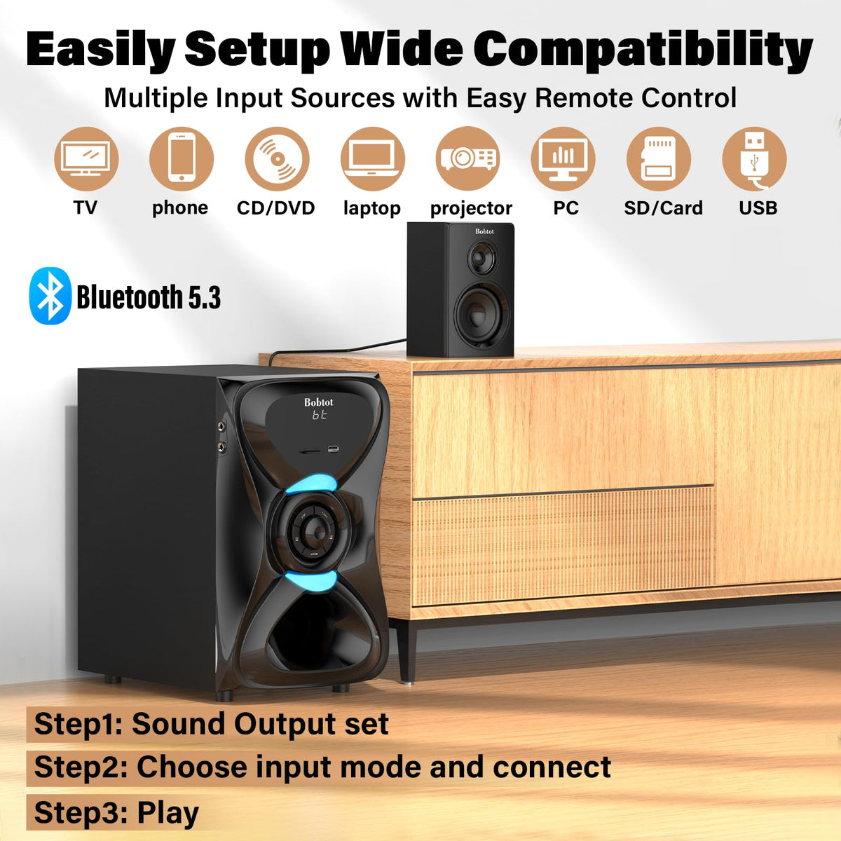 Bobtot Wireless Speaker Systems Rear Speakers 1000W Subwoofer System Black DEMO