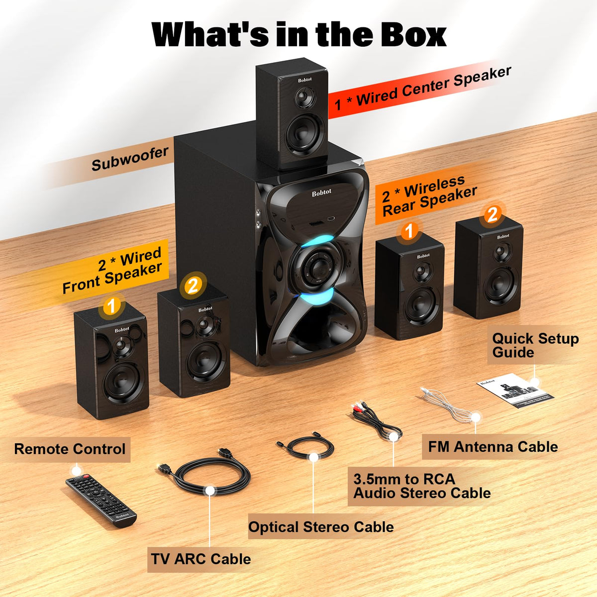 Bobtot Wireless Speaker Systems Rear Speakers 1000W Subwoofer System Black DEMO