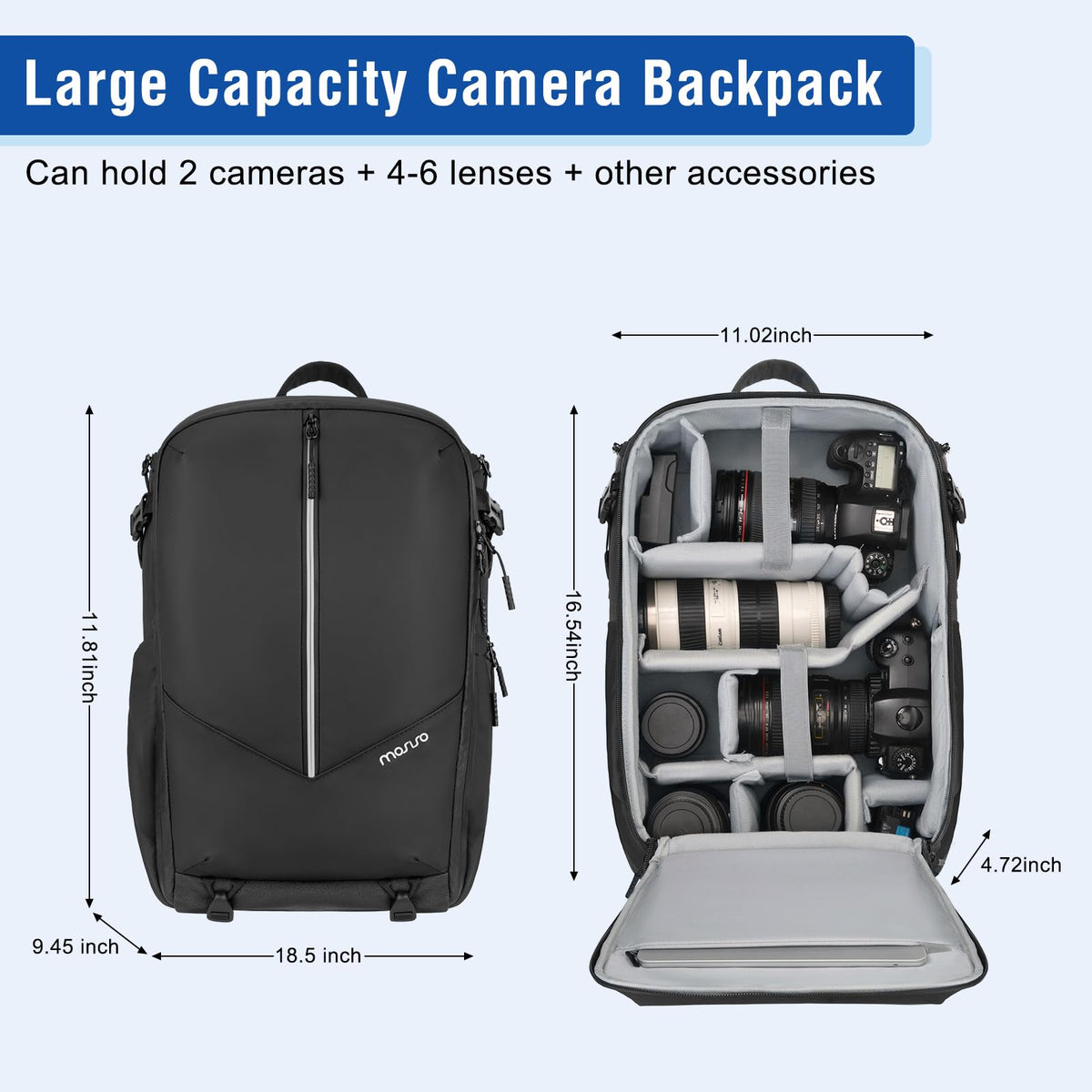MOSISO Waterproof DSLR Camera Backpack 18.5 inch Black Large Bag Size 18.5 NEW