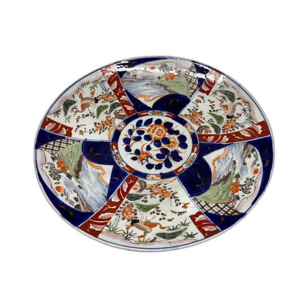Japan Hand-Painted Large Imari Porcelain Plate Cobalt Blue Clay Red Design 40cm