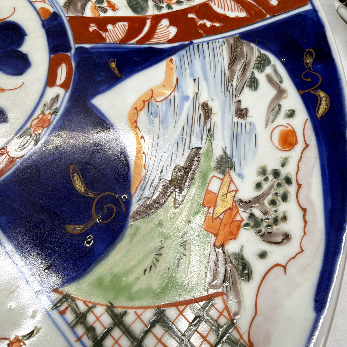 Japan Hand-Painted Large Imari Porcelain Plate Cobalt Blue Clay Red Design 40cm