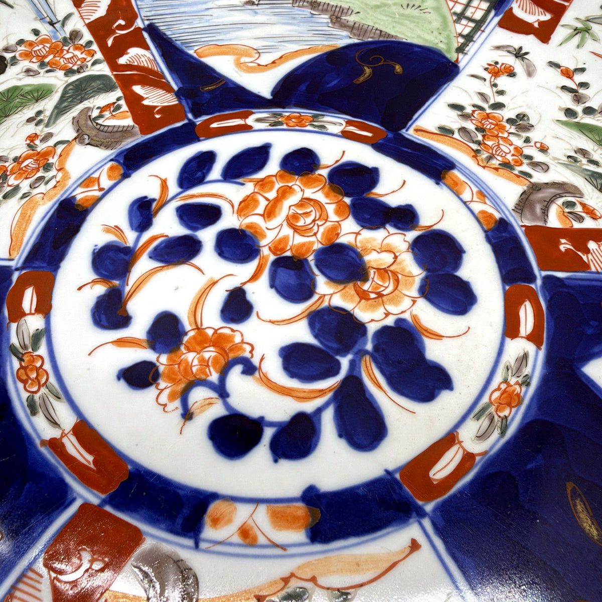 Japan Hand-Painted Large Imari Porcelain Plate Cobalt Blue Clay Red Design 40cm