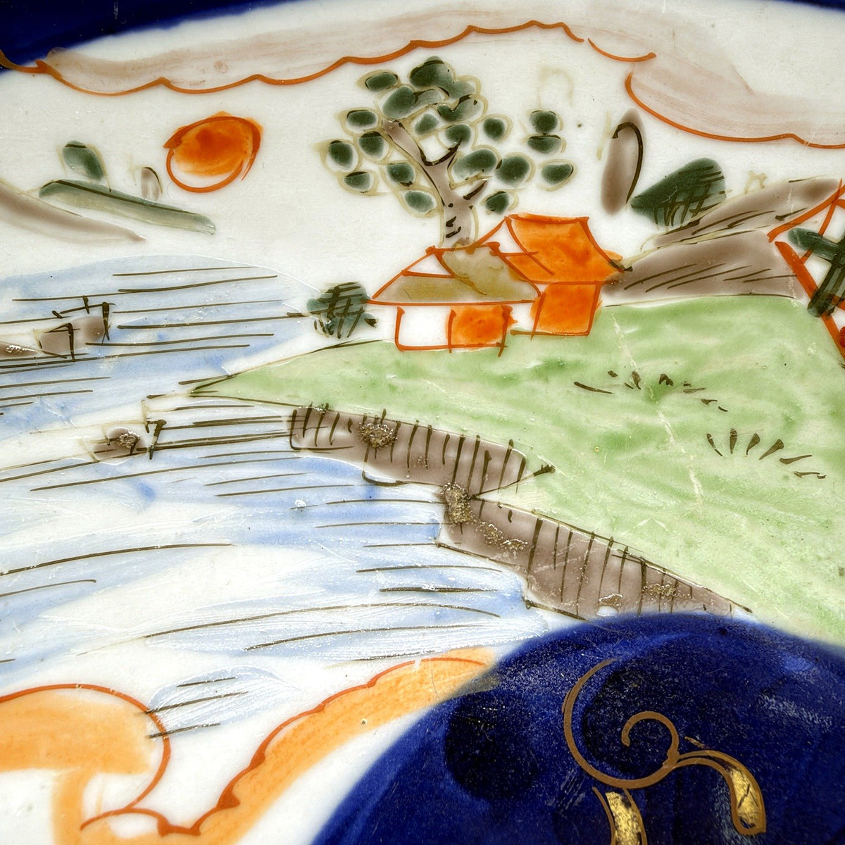 Japan Hand-Painted Large Imari Porcelain Plate Cobalt Blue Clay Red Design 40cm