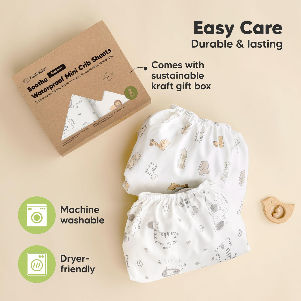 KeaBabies 2 Pack Waterproof Mini Crib Fitted Sheets KeaSafari NEW