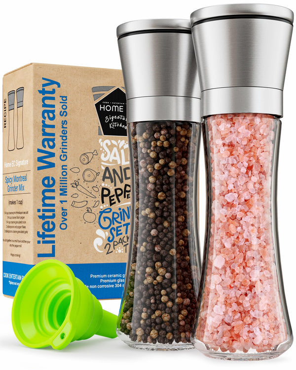 HOME EC Stainless Steel Salt and Pepper Grinder Set - Clear Glass NEW