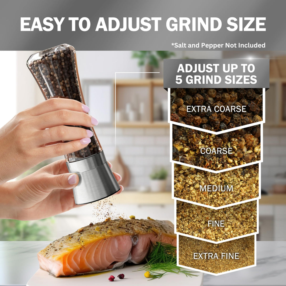 HOME EC Stainless Steel Salt and Pepper Grinder Set - Clear Glass NEW