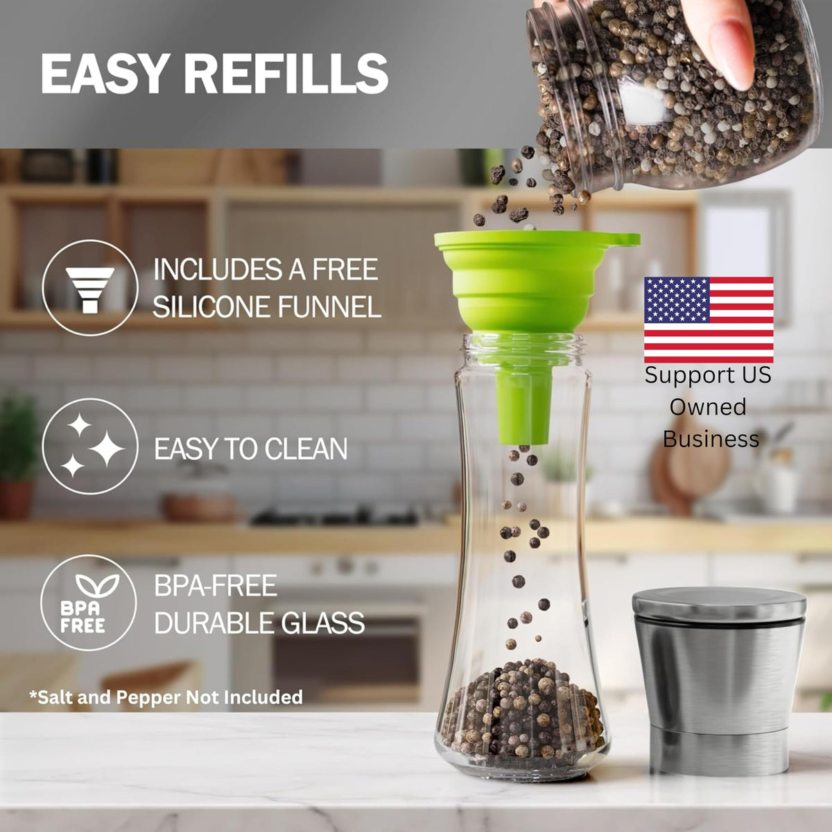 HOME EC Stainless Steel Salt and Pepper Grinder Set - Clear Glass NEW