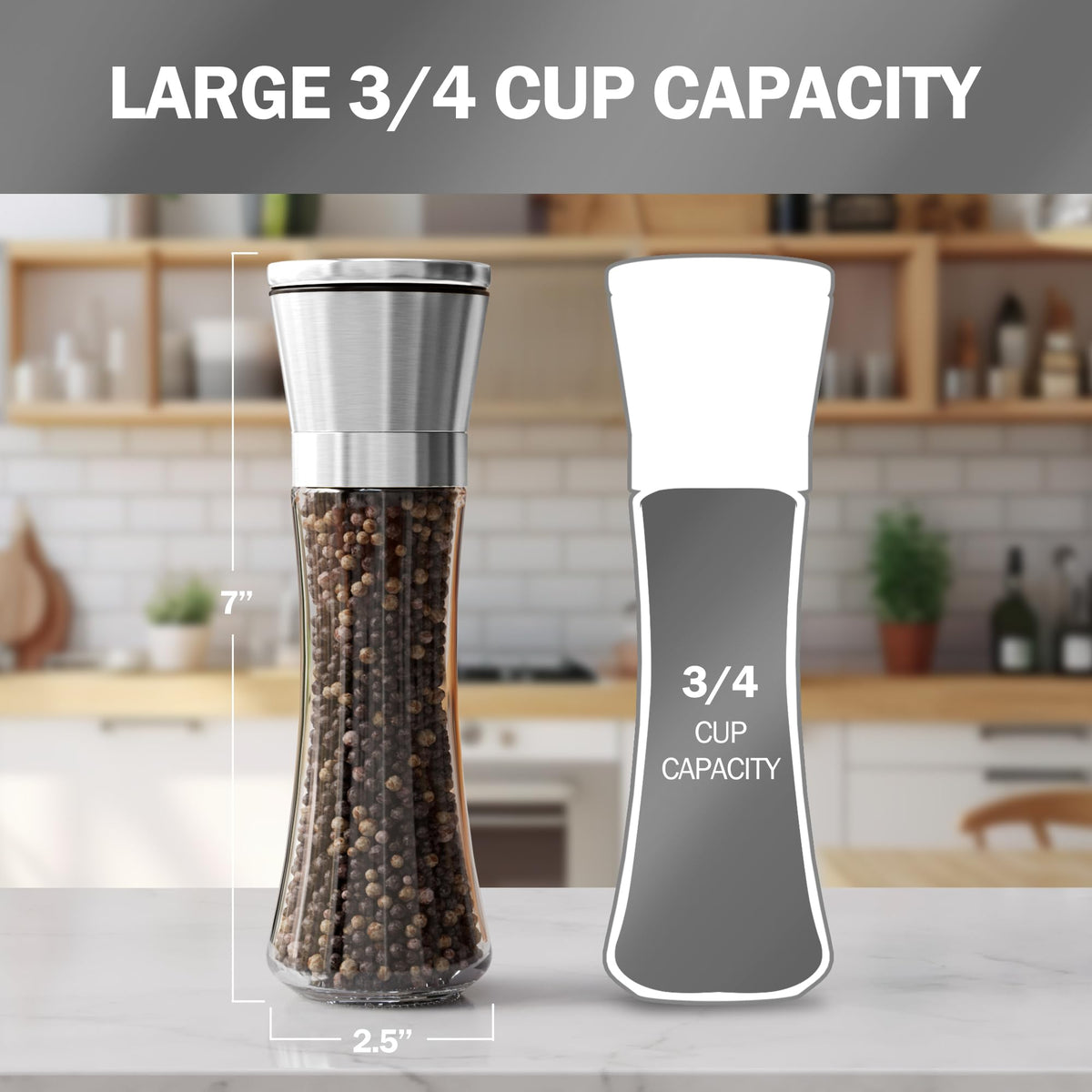 HOME EC Stainless Steel Salt and Pepper Grinder Set - Clear Glass NEW