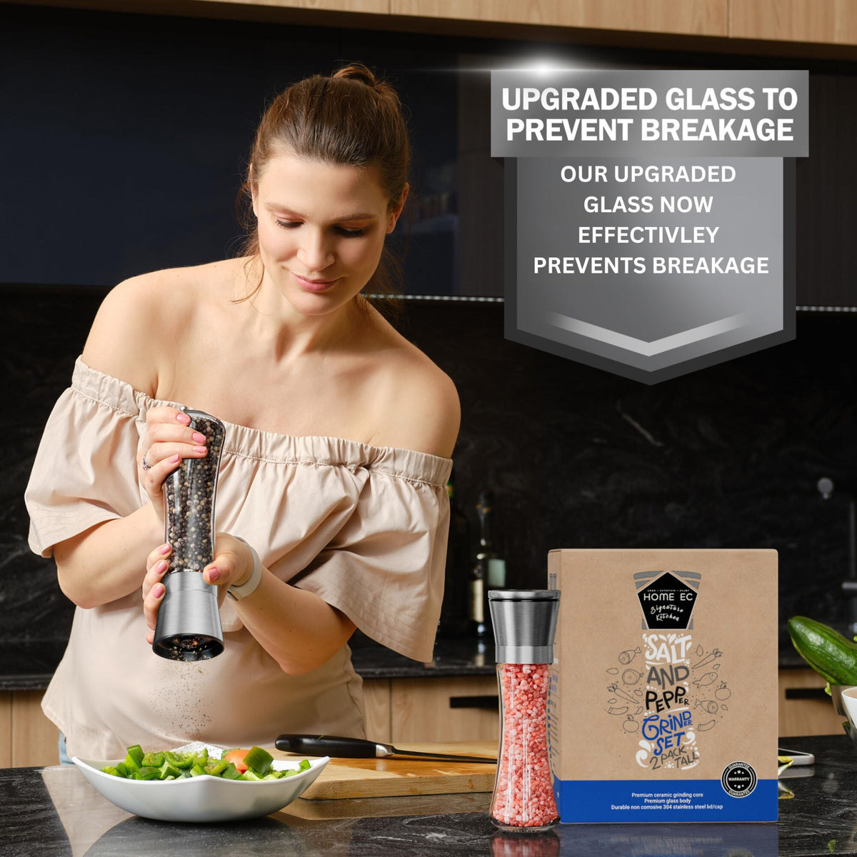 HOME EC Stainless Steel Salt and Pepper Grinder Set - Clear Glass NEW