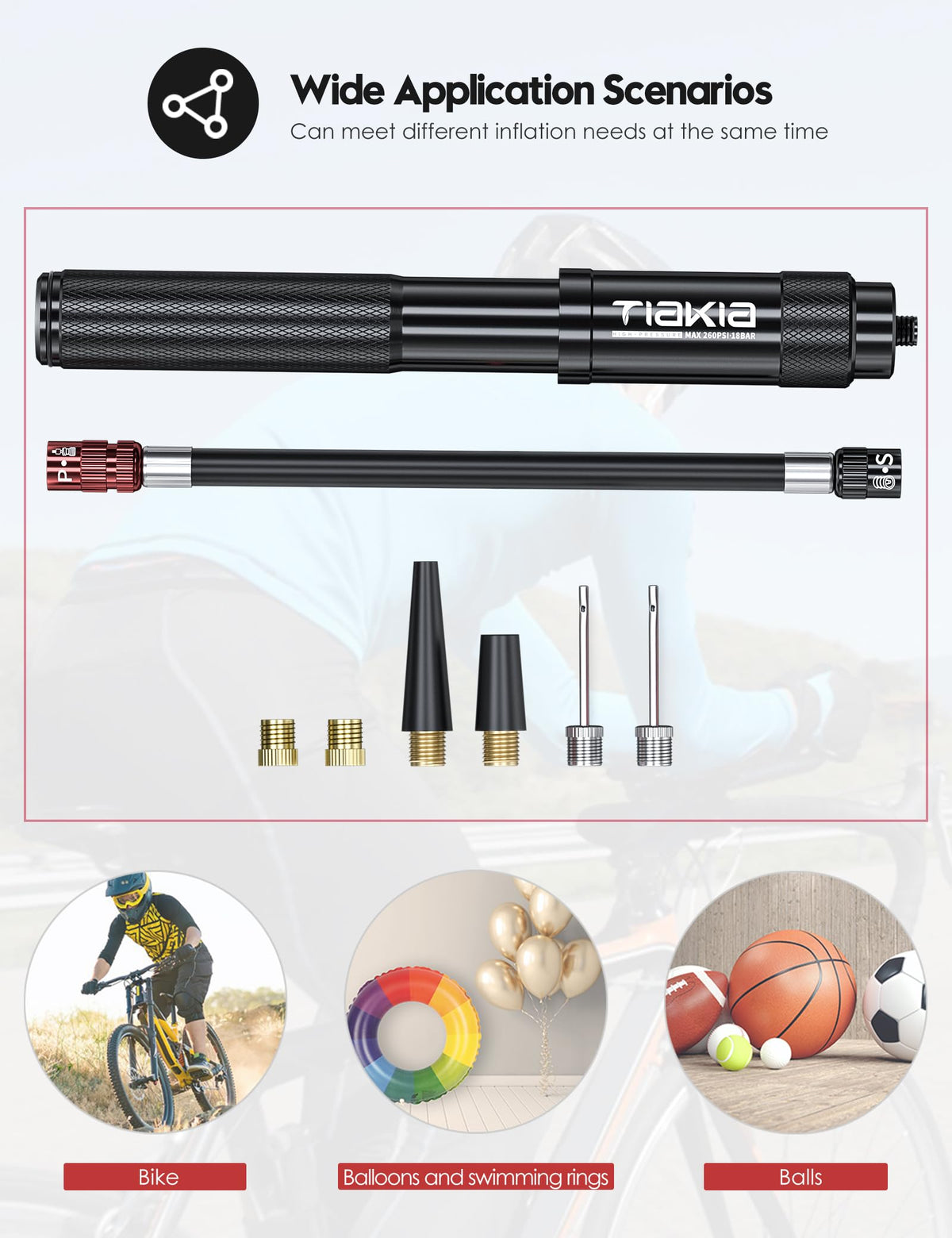 Tiakia 260PSI Frame-Mounted Bike Pump with Bracket - Black NEW