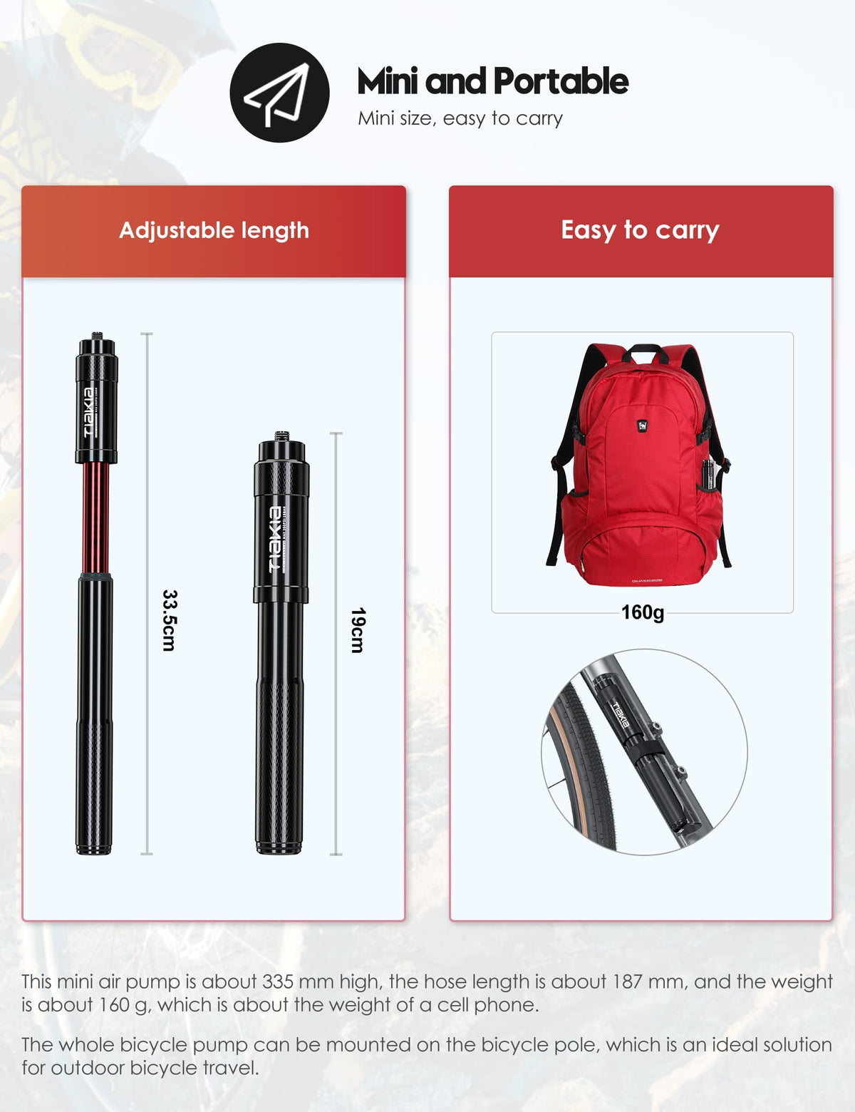 Tiakia 260PSI Frame-Mounted Bike Pump with Bracket - Black NEW