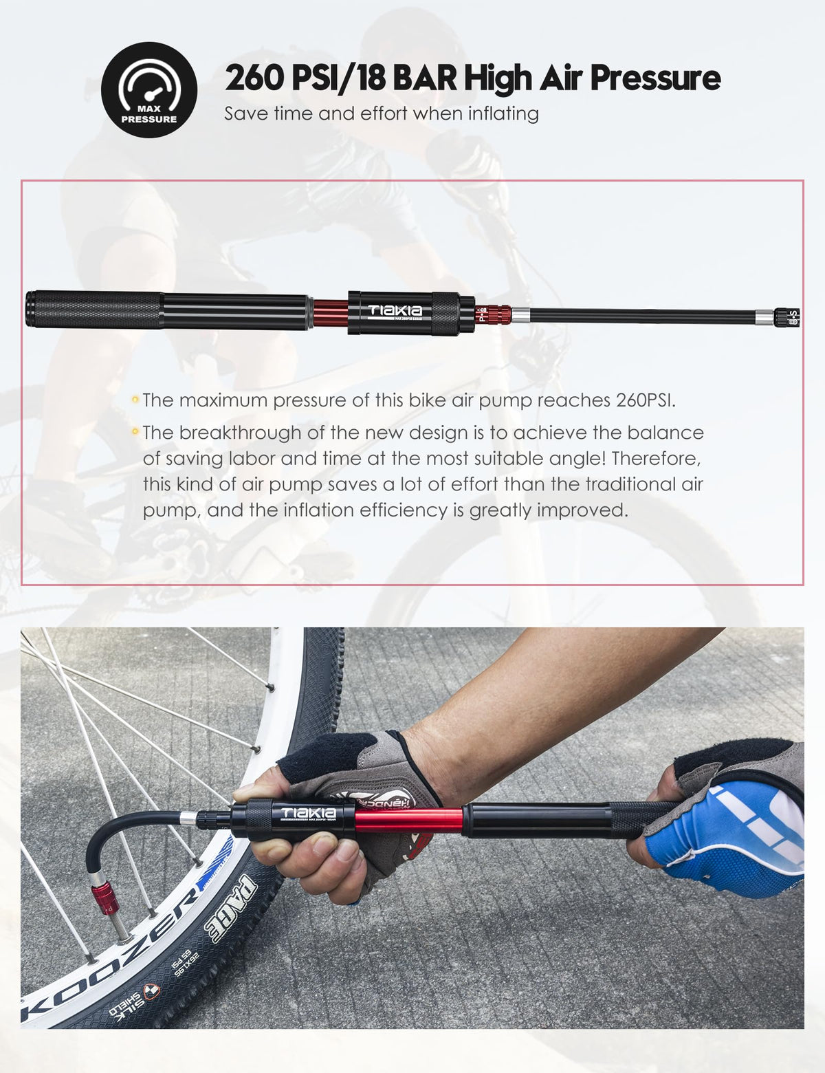 Tiakia 260PSI Frame-Mounted Bike Pump with Bracket - Black NEW