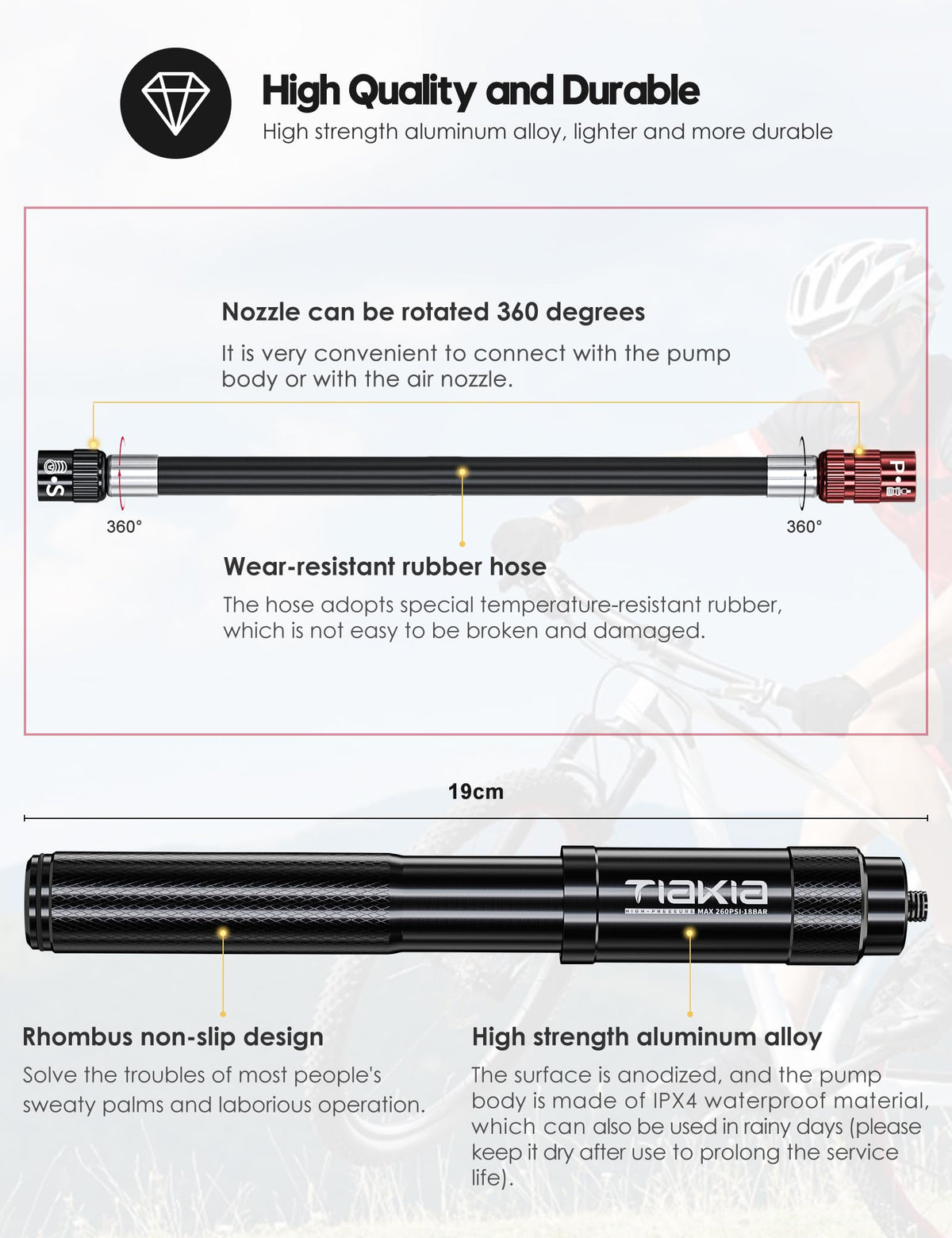 Tiakia 260PSI Frame-Mounted Bike Pump with Bracket - Black NEW