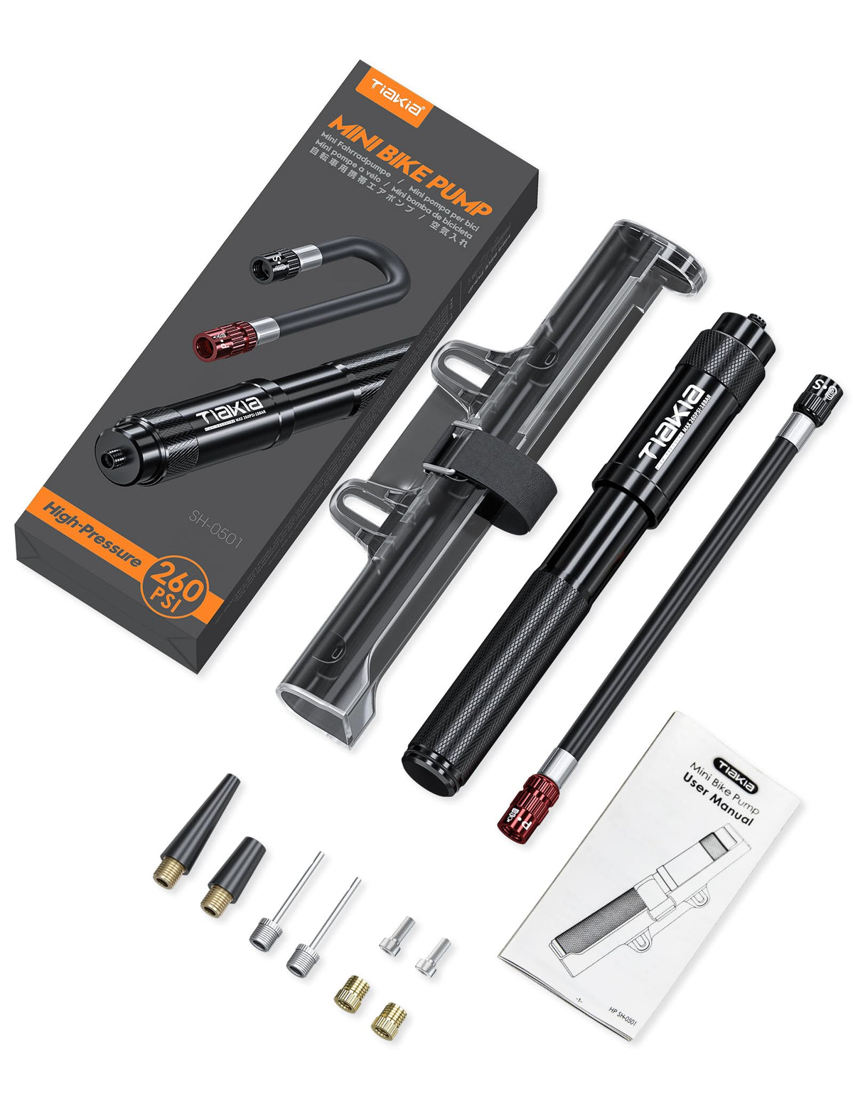 Tiakia 260PSI Frame-Mounted Bike Pump with Bracket - Black NEW