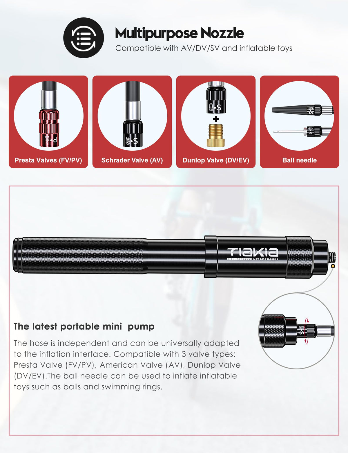 Tiakia 260PSI Frame-Mounted Bike Pump with Bracket - Black NEW