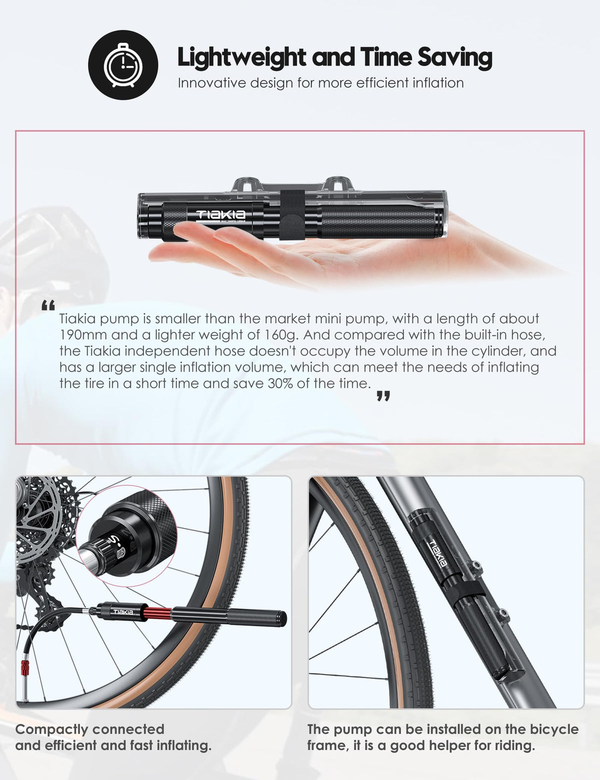 Tiakia 260PSI Frame-Mounted Bike Pump with Bracket - Black NEW