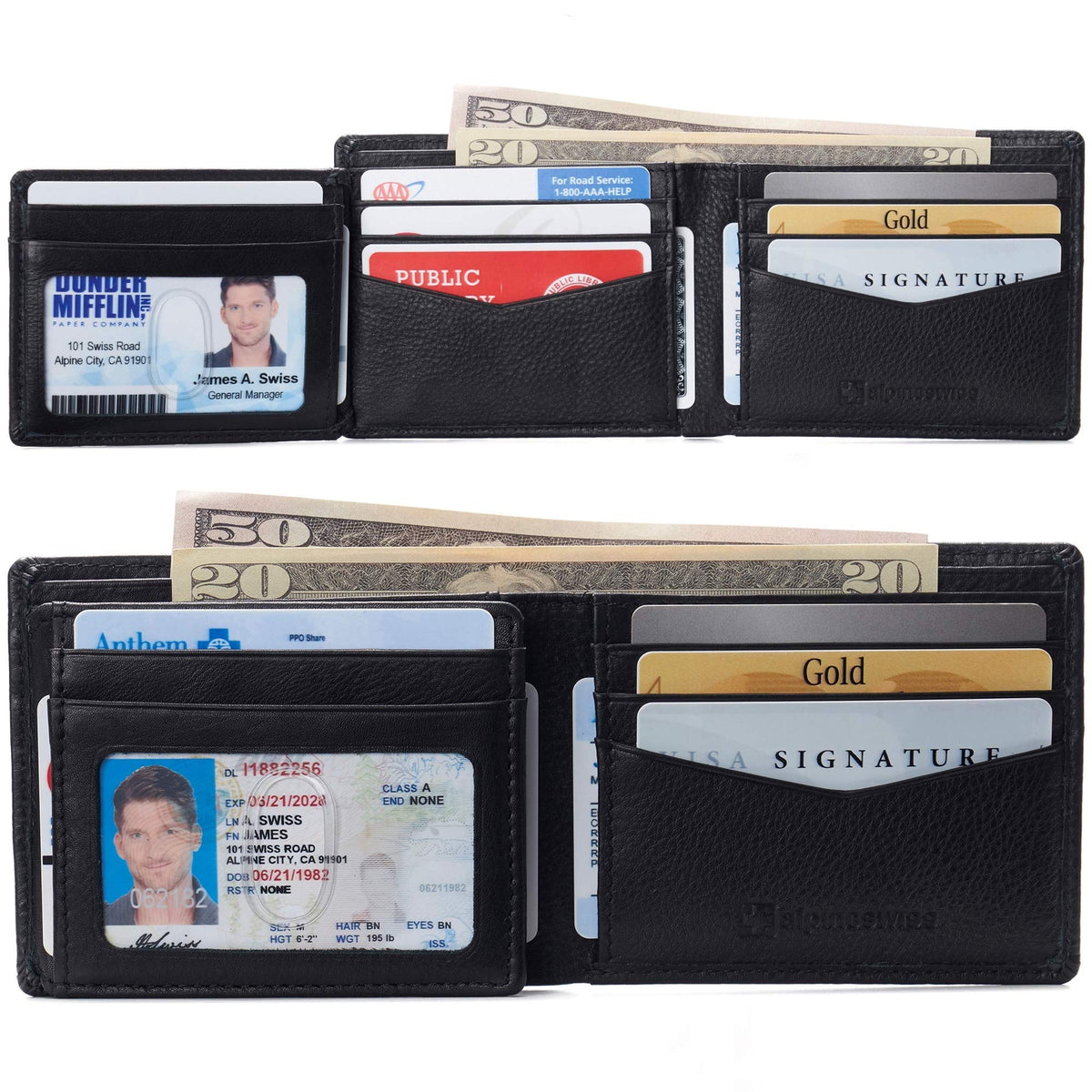 Alpine Swiss Wallets Black Leather Bifold Wallet RFID Safe Flipout ID NEW