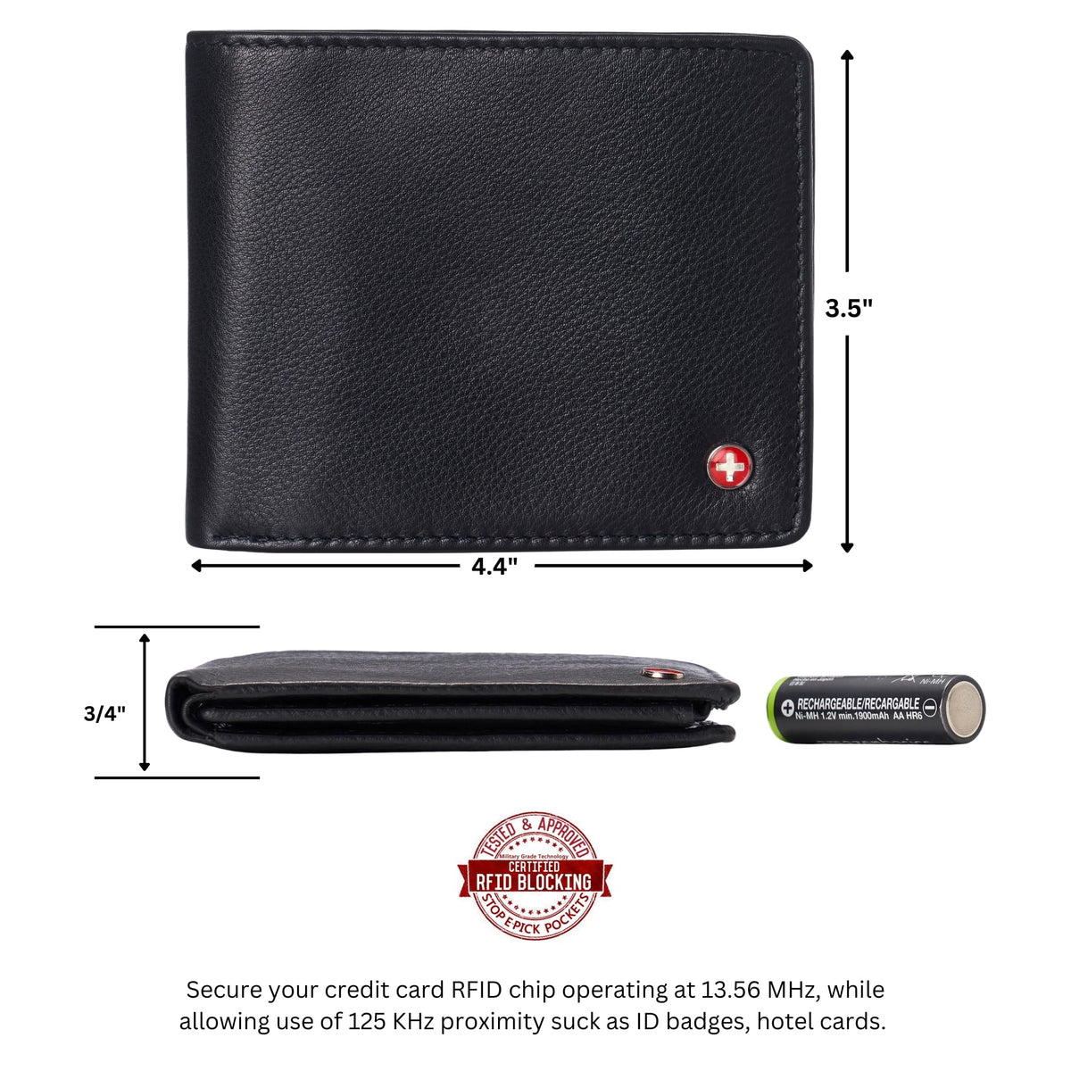 Alpine Swiss Wallets Black Leather Bifold Wallet RFID Safe Flipout ID NEW