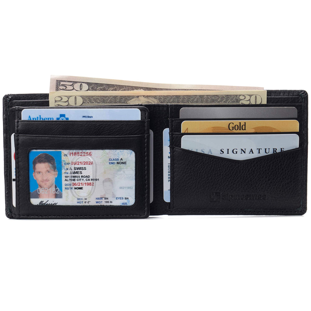 Alpine Swiss Wallets Black Leather Bifold Wallet RFID Safe Flipout ID NEW