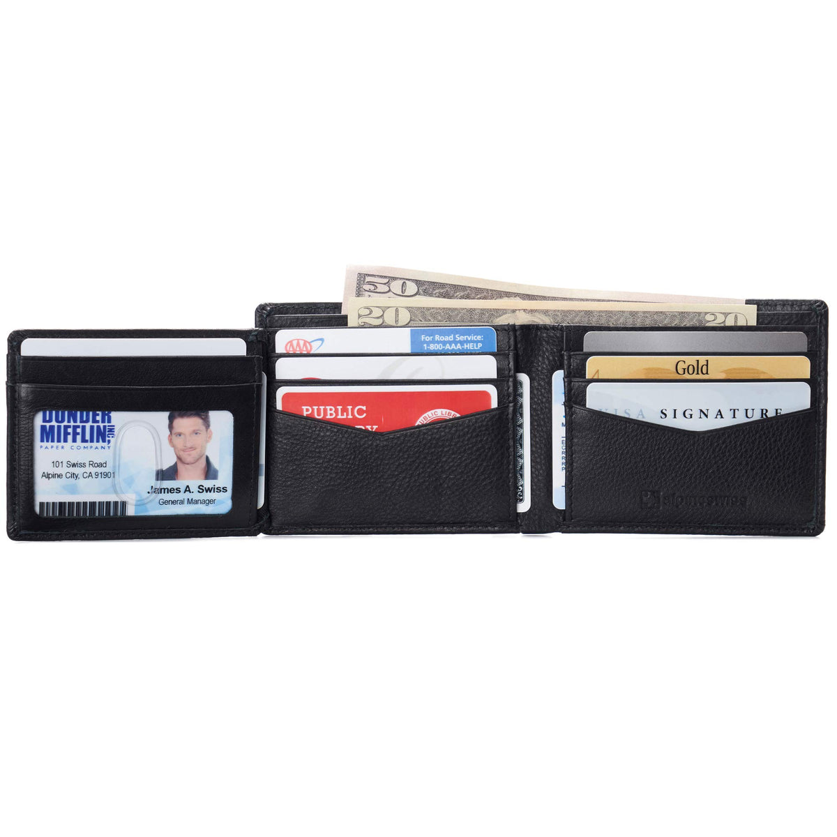 Alpine Swiss Wallets Black Leather Bifold Wallet RFID Safe Flipout ID NEW