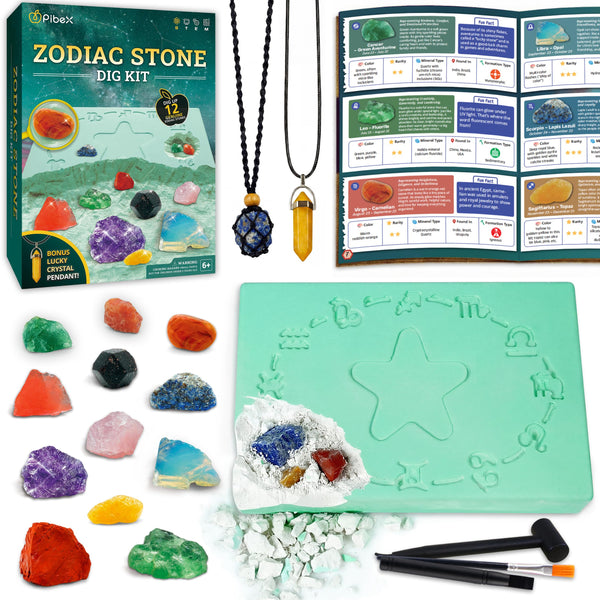 PIBEX Zodiac Science Stone Dig Kit - 12 Real Gems & Crystals Topaz Set NEW