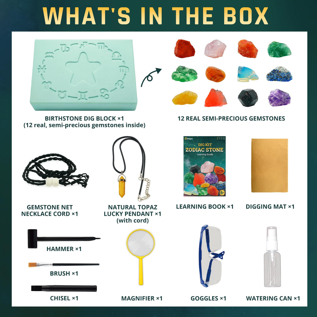 PIBEX Zodiac Science Stone Dig Kit - 12 Real Gems & Crystals Topaz Set NEW