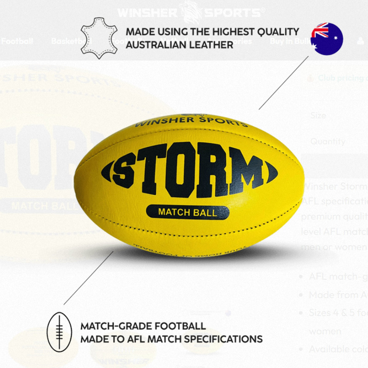 Winsher Storm Leather Australian AFL Football Yellow Size 4 NEW