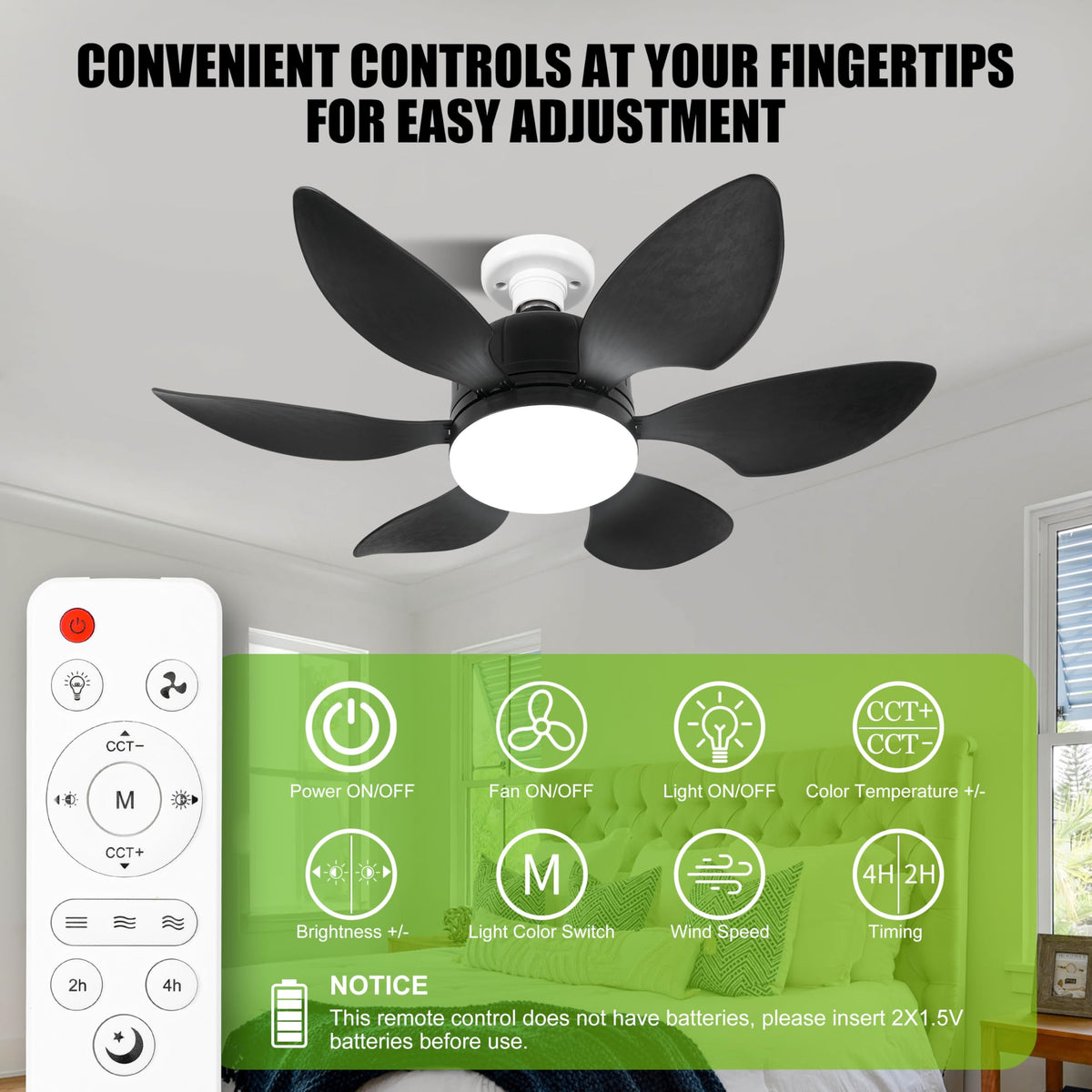 RWNTAOZM JY 6 Blade Socket Fan Light Remote Control Black DEMO