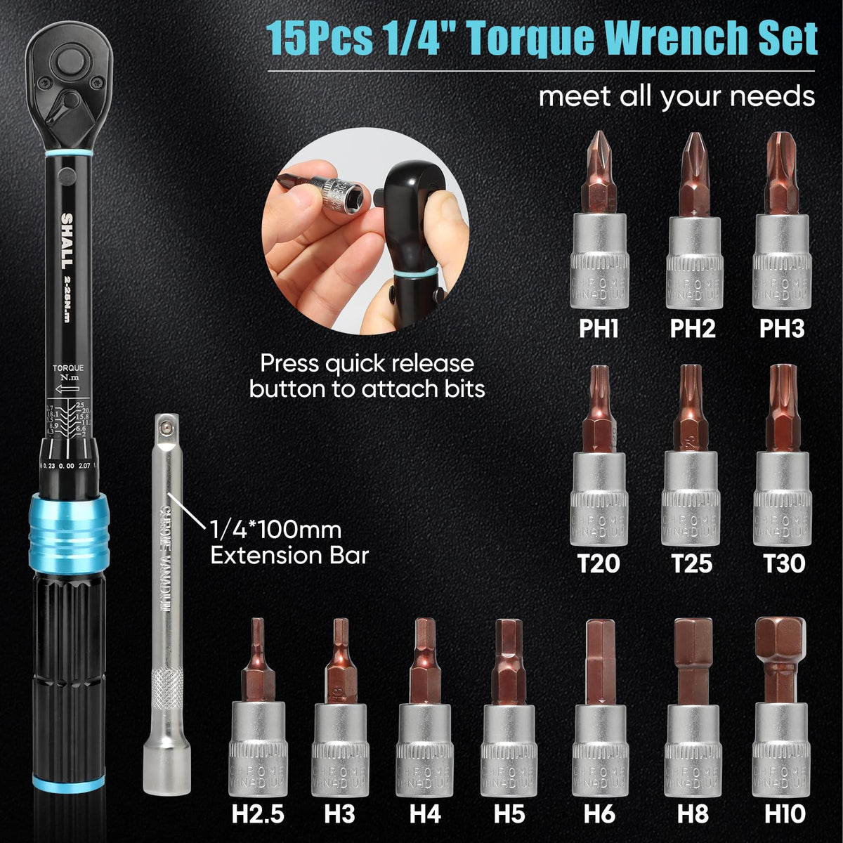 Shall 15 Piece Torque Wrench Set 2-25Nm Blue Alloy Steel 72 Teeth DEMO