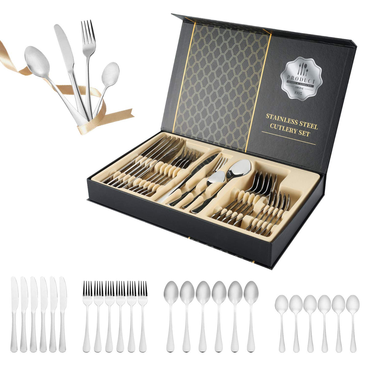 NAMUPIE 24-Piece Stainless Steel Flatware Set Silver with Gift Box NEW
