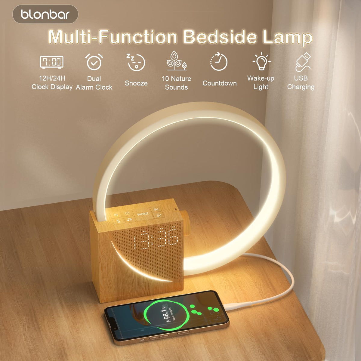 blonbar Sunrise Alarm Clock Wake Up Light Wood Grain Dual Alarms NEW