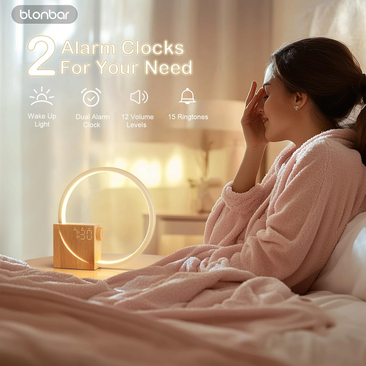 blonbar Sunrise Alarm Clock Wake Up Light Wood Grain Dual Alarms NEW