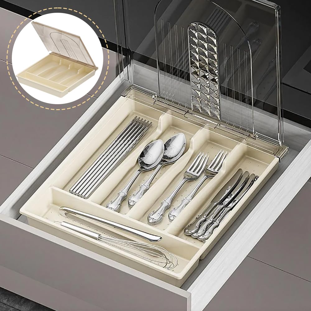 TOMVAES Off-White Dustproof Cutlery Tray with Dividers Kitchen Organizer DEMO