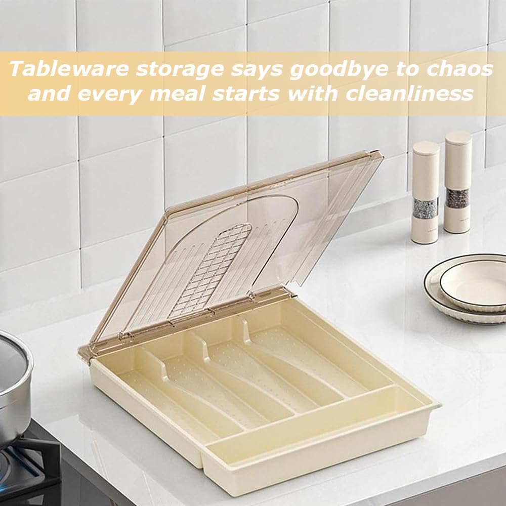 TOMVAES Off-White Dustproof Cutlery Tray with Dividers Kitchen Organizer DEMO